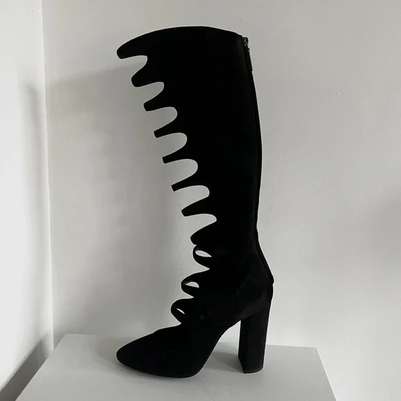 Saint Laurent black suede cut out cage Joplin 105 knee high boots - Picture 2 of 16